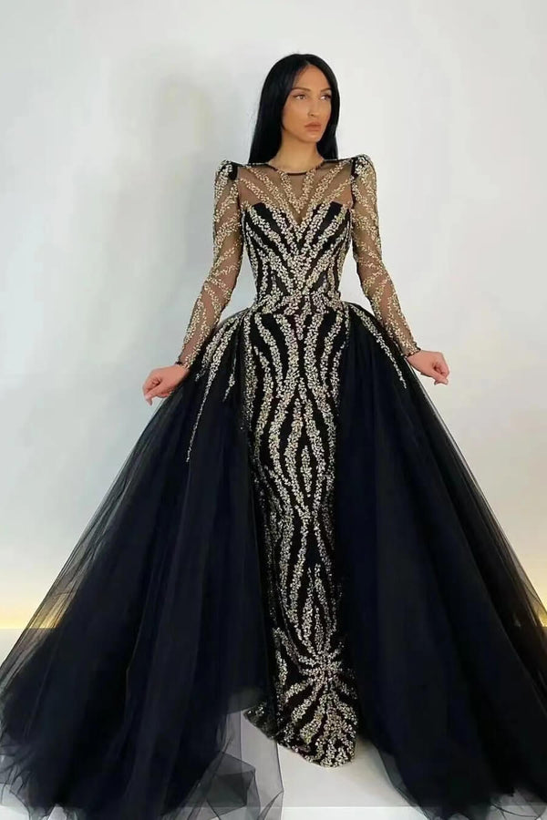 Long Sleeves Black Mermaid Prom Dress With Appliques and Detachable Ruffles