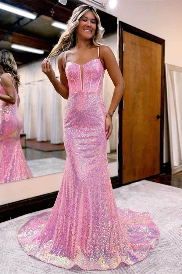 Pink Sequins Long Mermaid Evening Dress with Spaghetti Straps