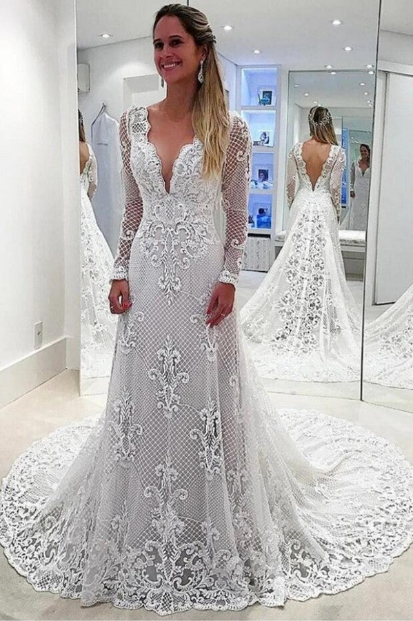 Bmbride Pearl Wedding Dress Elegant A-Line with Deep V-neck Backless Design Appliques Lace and Long Sleeves