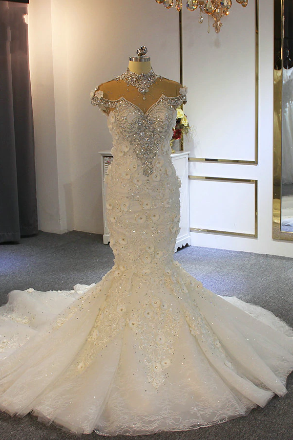 Bmbride High Neck Appliques Lace Crystal Tulle Mermaid Wedding Dress