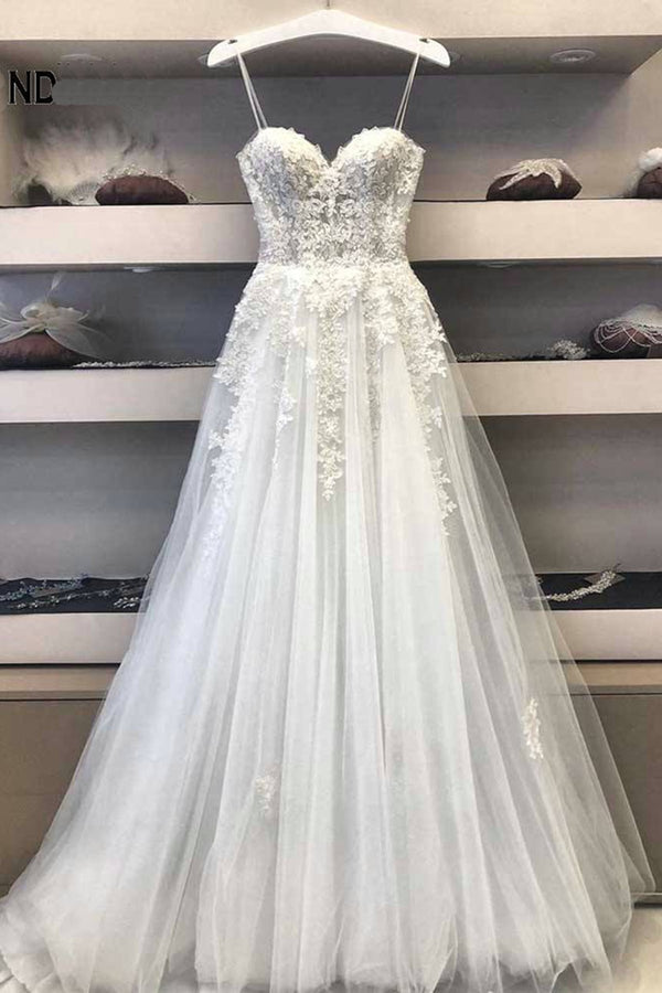 Bmbride Princess White Long Formal Bridal Gown: A-Line Lace Wedding Dress