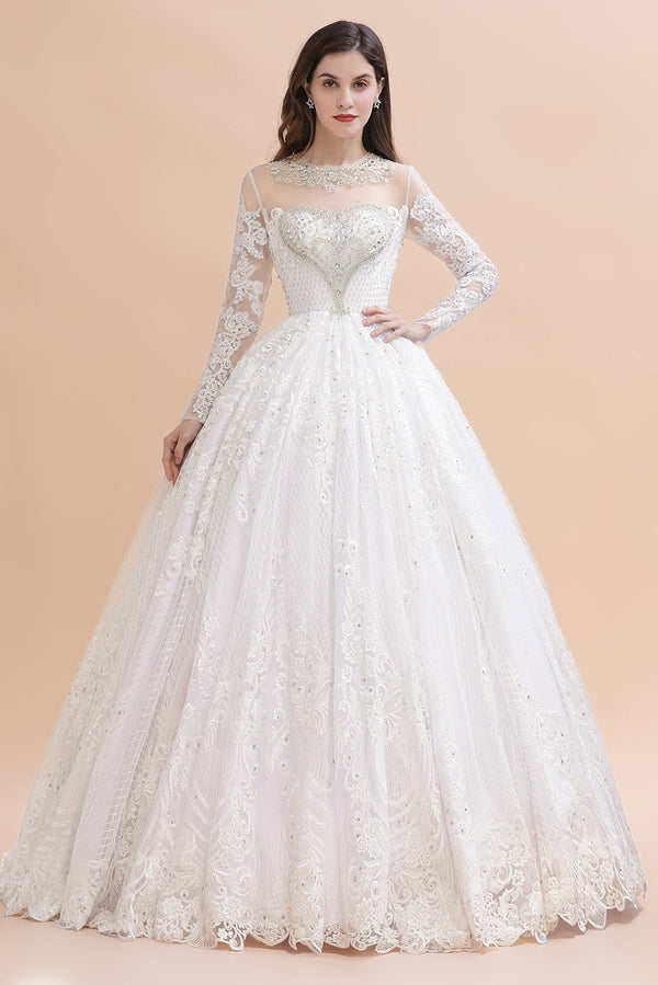 Bmbride Lace Crystal Beads Sheer Tulle Wedding Dress