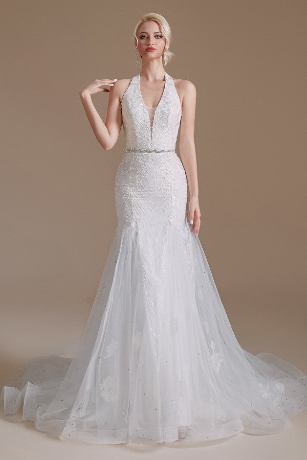 Bmbride Long Elegant Mermaid Halter Tulle Wedding Dress with Floor-Length and Appliques Lace