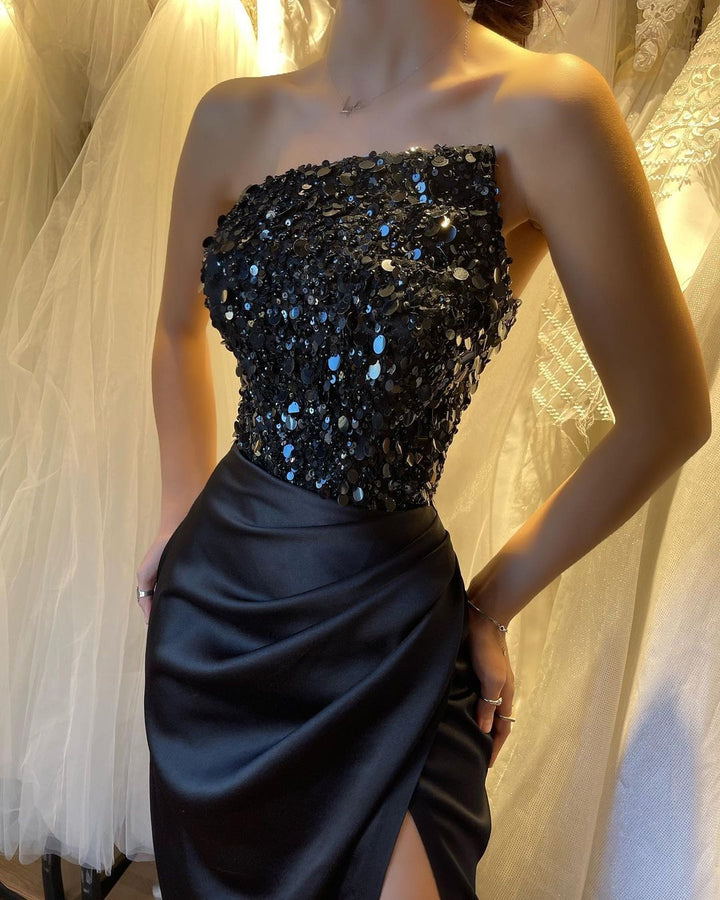 Gorgeous Black Prom Dress with Sequins Sleeveless Strapless and High Slit