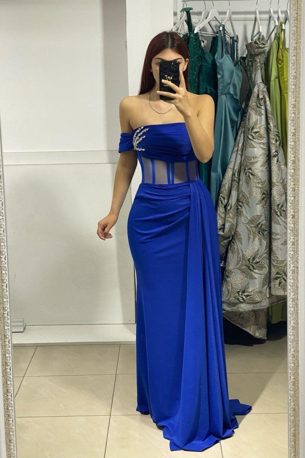 Off The Shoulder Prom Dress in Royal Blue with Strapless Design and Sequin Applique