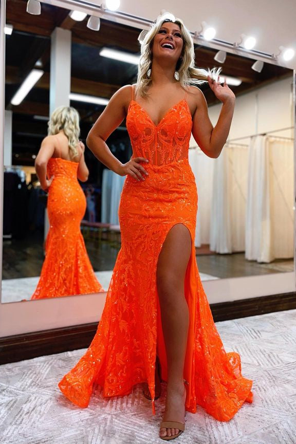 A Line Evening Dress: Orange V Neck With Slit Appliques