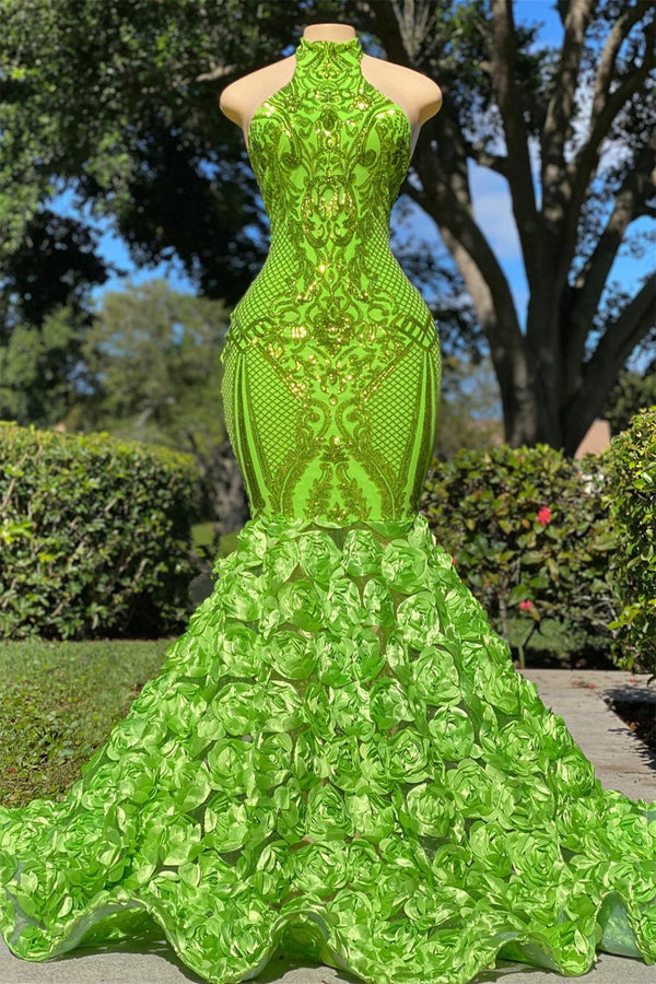 Green Halter Open Back Mermaid Sleeveless Flower Appliques Prom Dress