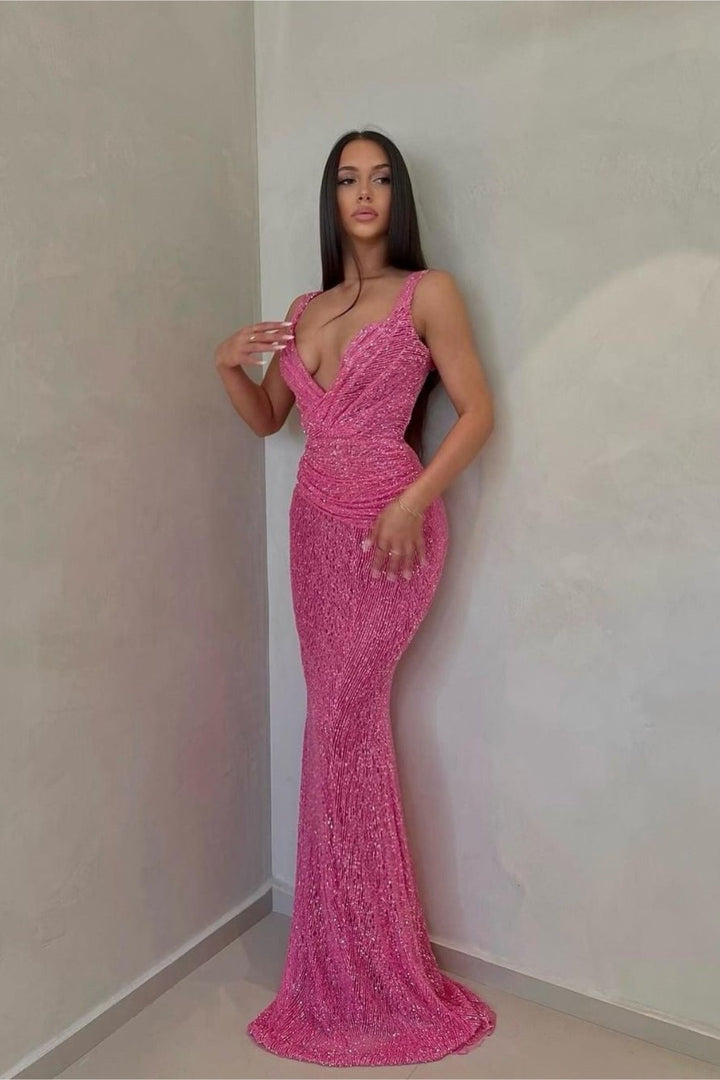 Pink Sequins Prom Dress V Neck Mermaid Sleeveless