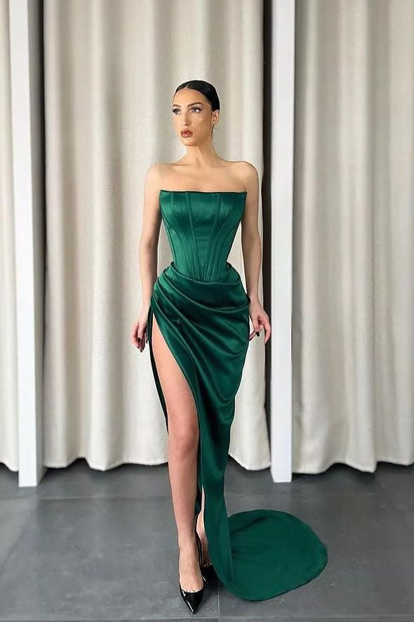 Strapless Sleeveless Dark Green Long Slit Mermaid Prom Dress