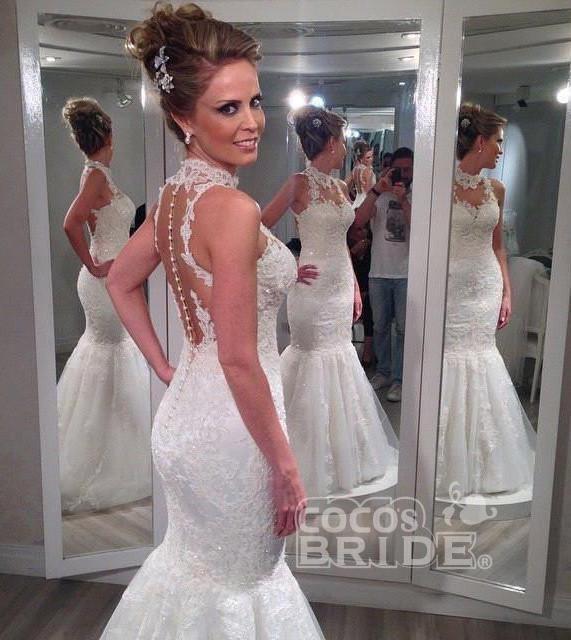 Bmbride Custom Beach Wedding Dress - High Neck Lace Mermaid with Backless Design