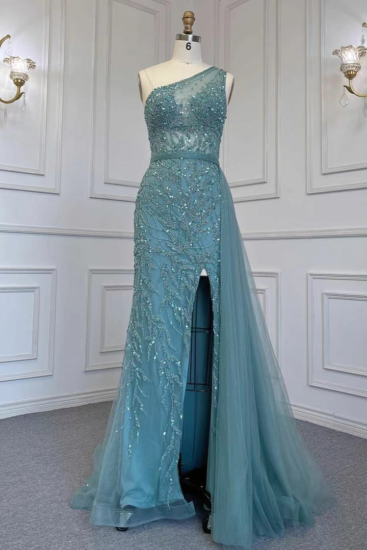 One Shoulder Beadings Tulle Evening Dress With Slit Rhinstone: Elegant