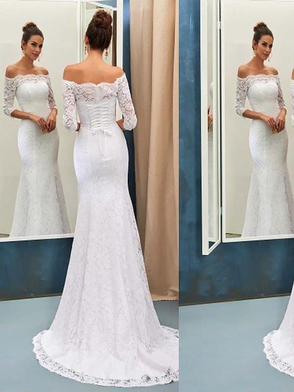 Bmbride Off-the-Shoulder Lace Mermaid Wedding Dresses with Long Sleeves and Sweep Train