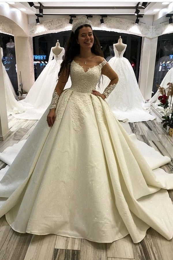 Bmbride Long Princess Sweetheart Satin Wedding Dress with Sleeves