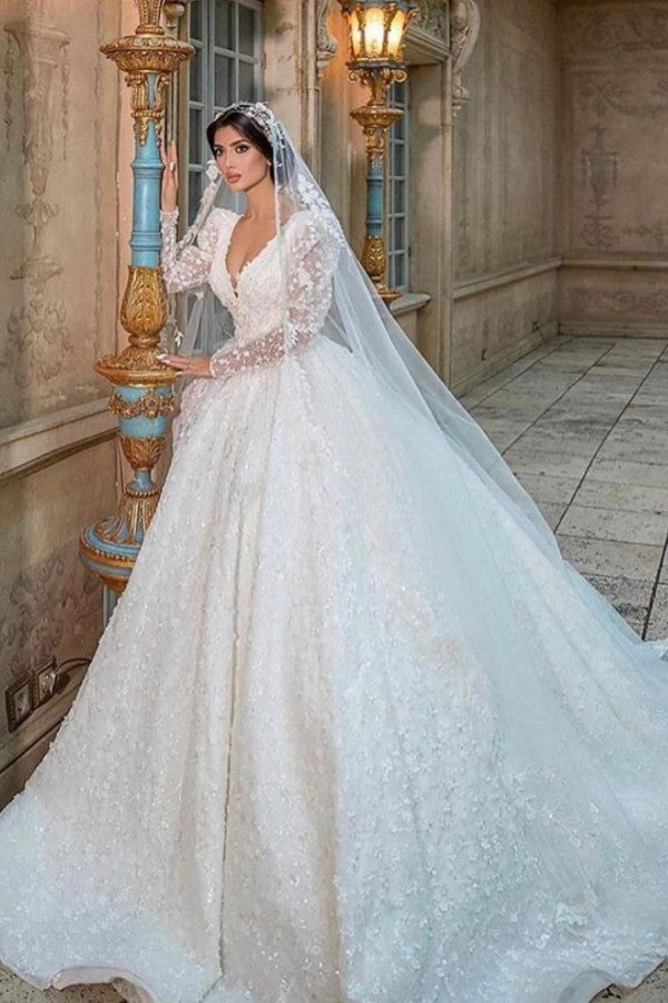 Bmbride A-Line Deep V-neck Appliques Lace Long Sleeve Train Wedding Dress