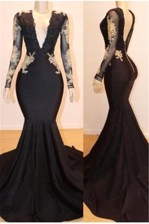 Evening Dress: Black Long Sleeves Mermaid