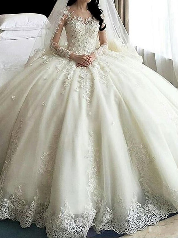 Bmbride Elegant A-Line Wedding Dress with Scoop Neck Court Train and Long Sleeves