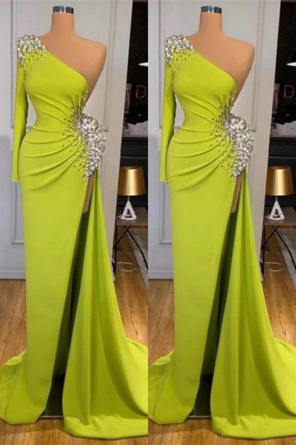 Mermaid Long Prom Dress Split With Beads Yellow Green Long Sleeves