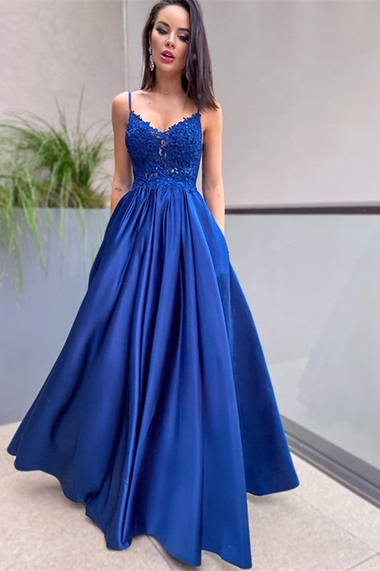 Royal Blue Prom Dress with Lace Appliques and Pockets