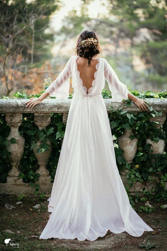 Bmbride Chic 3/4 Sleeves and Backless Long Chiffon Beach Wedding Dress