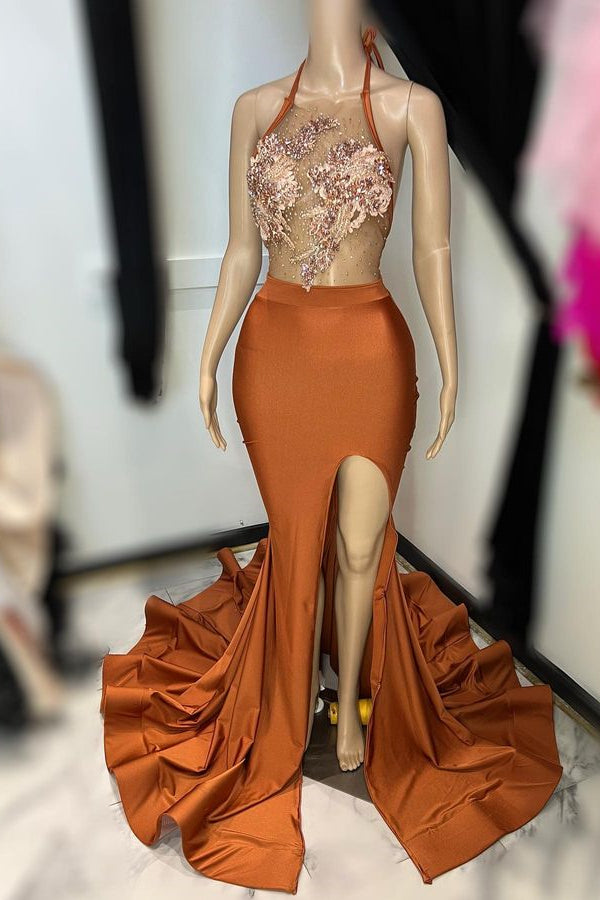 Sleeveless Brown Long Prom Dress with Halter Neckline Appliques and High Slit