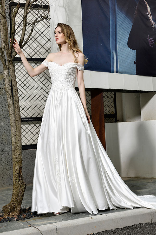 Bmbride Off-the-Shoulder Appliques Satin Bridal Gown