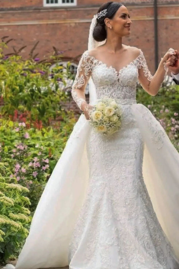 Bmbride Off-the-shoulder Lace Detachable Wedding Dress with Long Sleeves