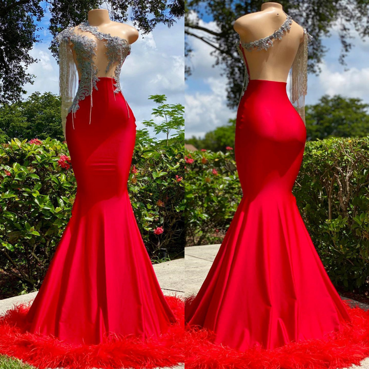 One Shoulder Strapless Red Mermaid Prom Dress with Feather Detail