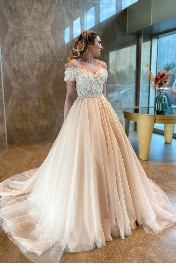 Bmbride A-Line Floor-length Sweetheart Off-the-Shoulder Backless Tulle Appliques Lace Wedding Dress