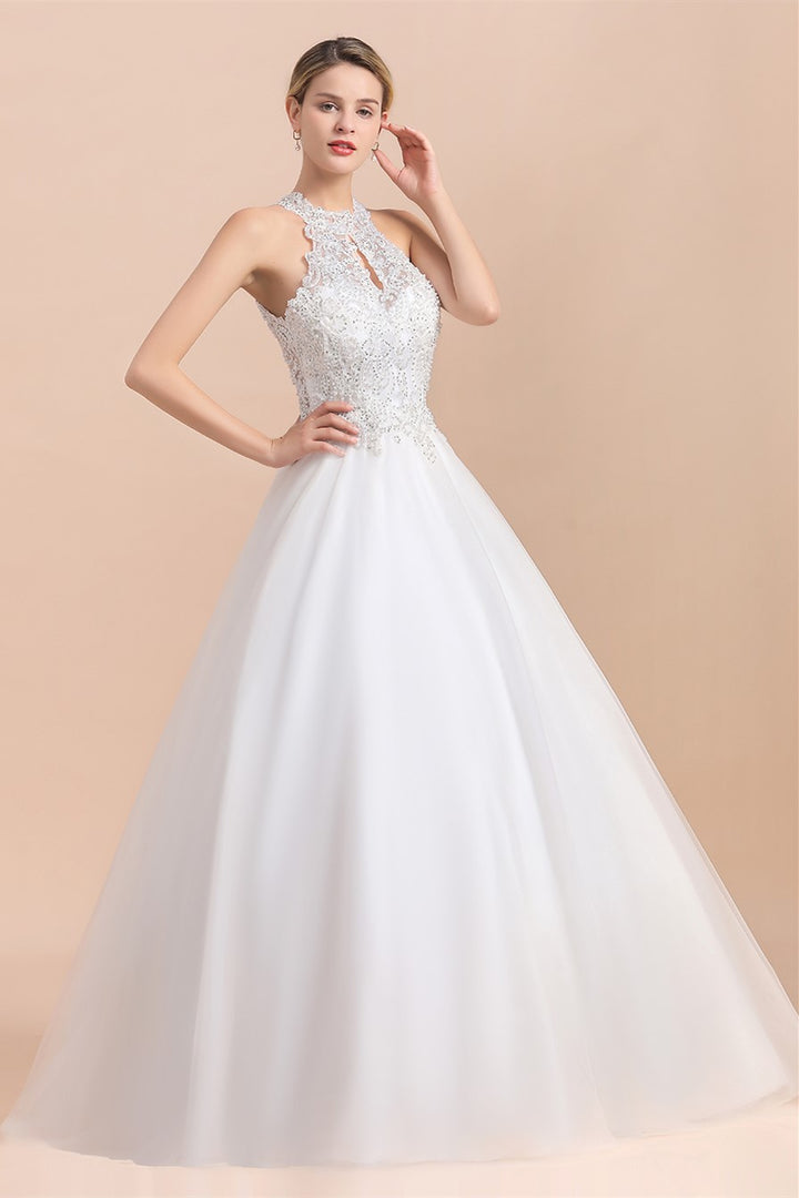 Bmbride Sleeveless Wedding Dress with Halter Lace Appliques and A-line Sequins