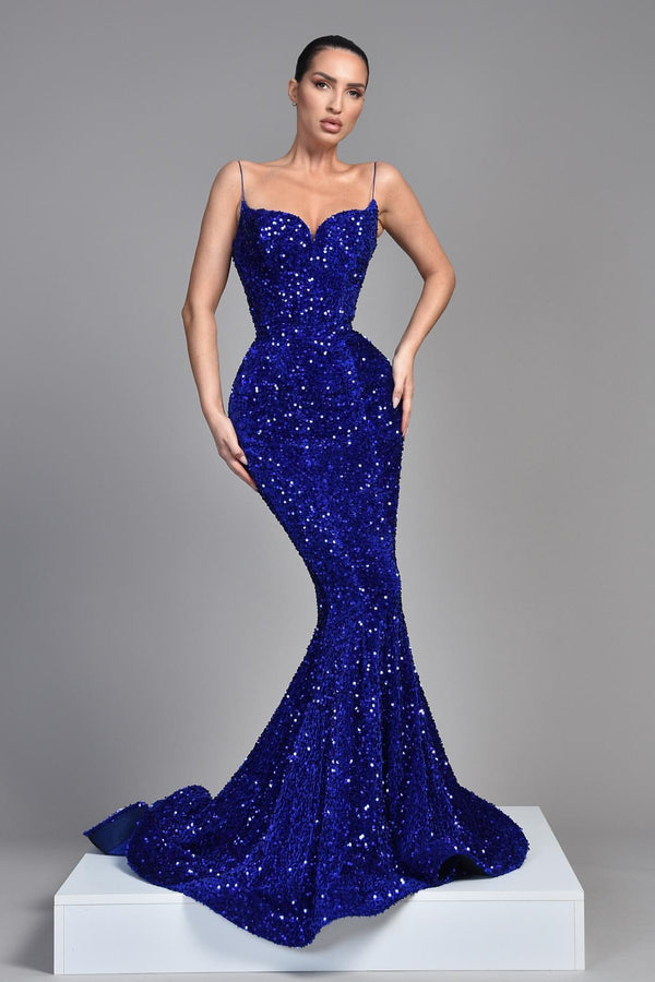 Sleeveless Spaghetti Strap Royal Blue Sequins Evening Dress