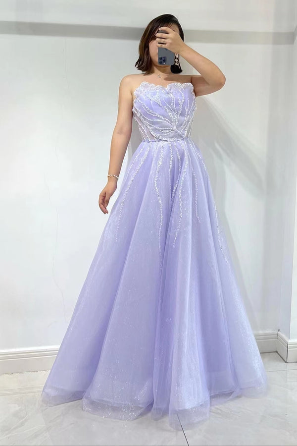 Strapless Lilac A-Line Tulle Prom Dress with Sequins Beads