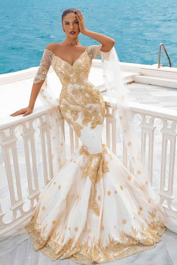 Bmbride Mermaid Gold Lace Wedding Dress with Off the Shoulder Appliques and Half Sleeve Cape