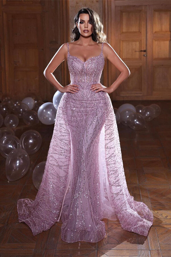 Shimmering Spaghetti-Straps Mermaid Evening Dress with Overskirt Sleeveless Available Online