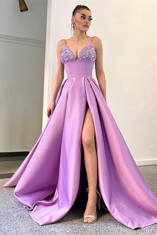 Sequins Evening Dress A Line Lavender Spaghetti-Straps With Split