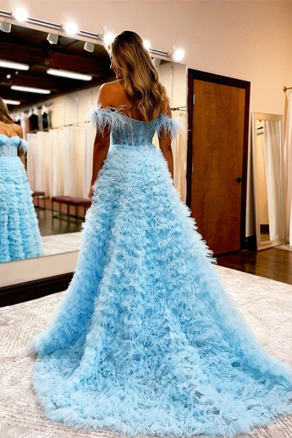 Feather Evening Dress V Neck With Slit Ball Gown Light Blue