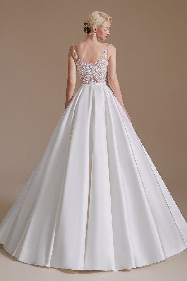 Bmbride A-line V-neck Satin Wedding Dress with Appliques Lace