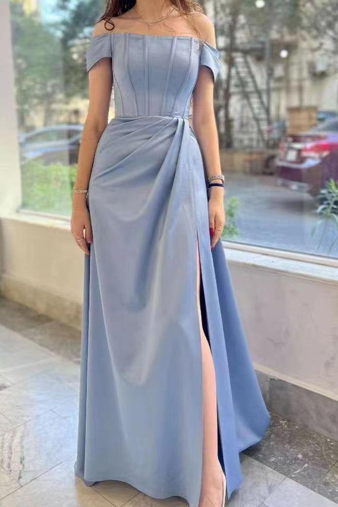 Elegant Off-The-Shoulder Split Prom Dress Dusty Blue With Pleats