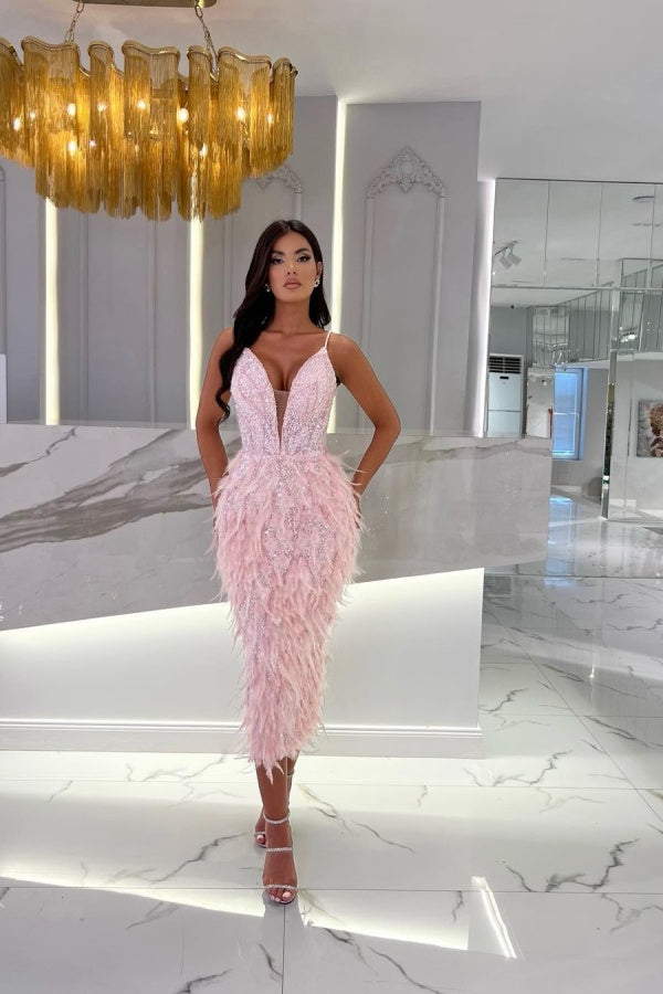 Sequin Prom Dress in Pink with Feather Beading