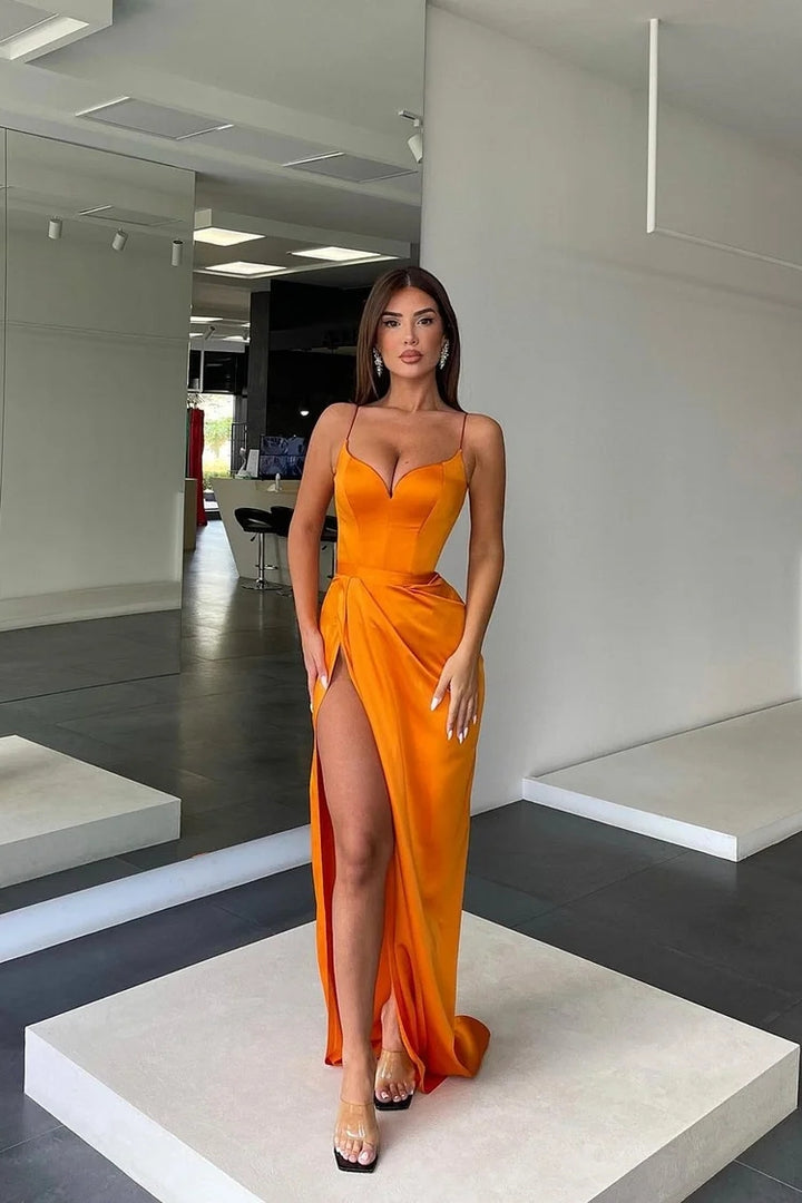 Sleeveless Spaghetti Strap Charmeuse Orange Prom Dress