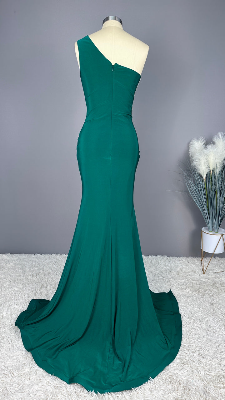 Emerald Green Sleeveless One Shoulder Appliques Long Prom Dress