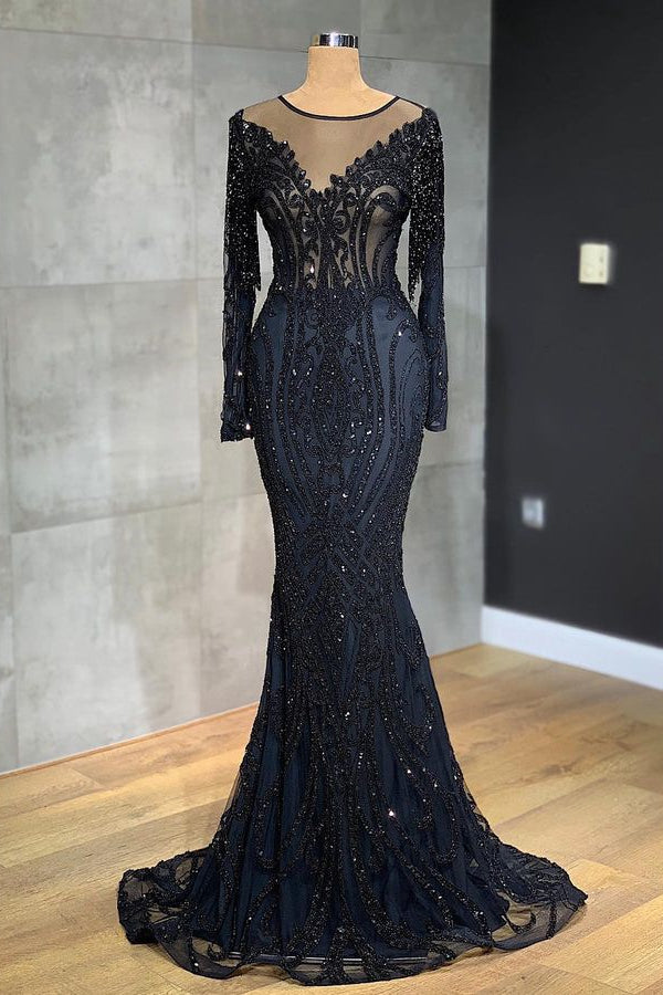 Long Sleeve Black Mermaid Prom Dress With Tulle