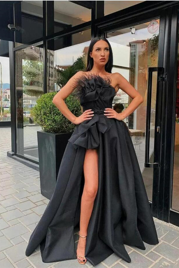 Feather Split Black Long Prom Dress