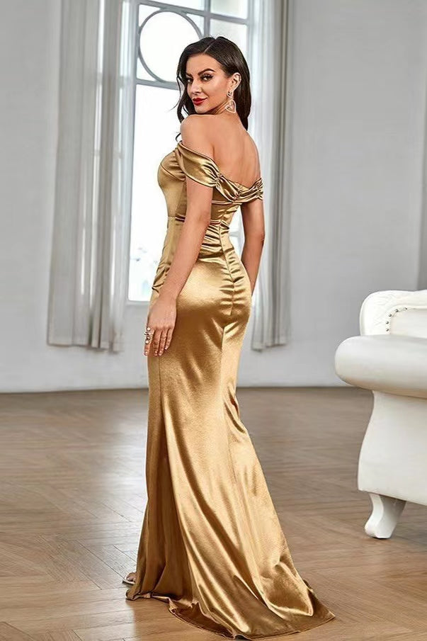 Off-The-Shoulder Split Mermaid Prom Dress With Pleats