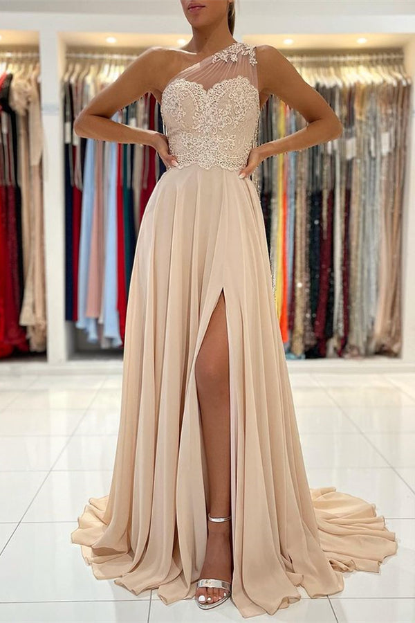 One-Shoulder Prom Dress with Lace Appliques and Slit