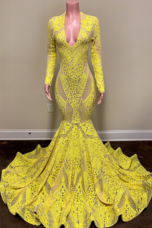 Yellow Long Sleeve Evening Dress with Appliques - Mermaid