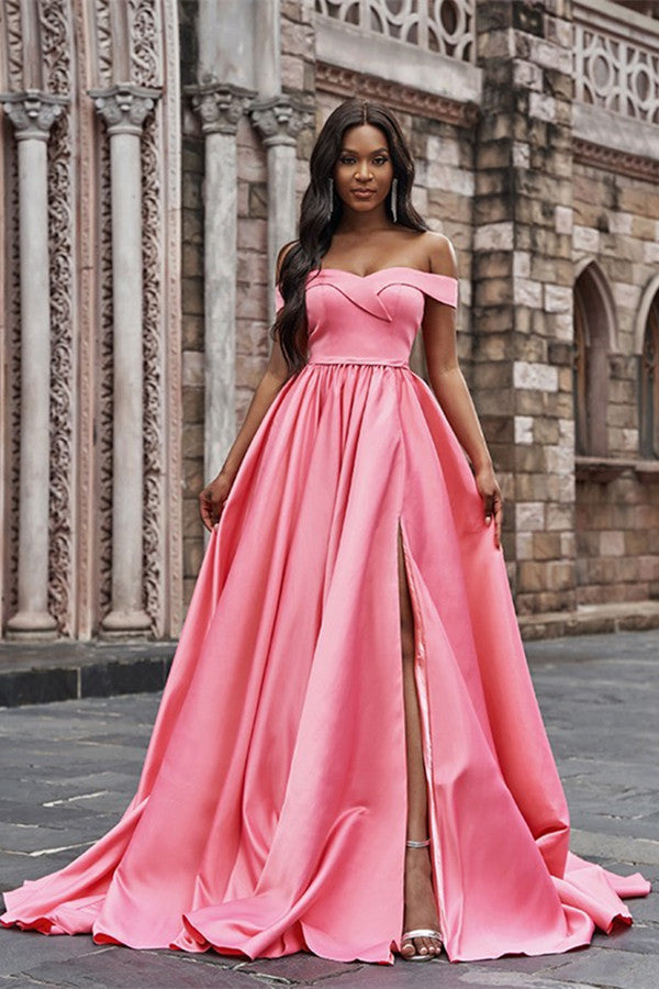 Pink Off-the-Shoulder Long Prom Dress With Split