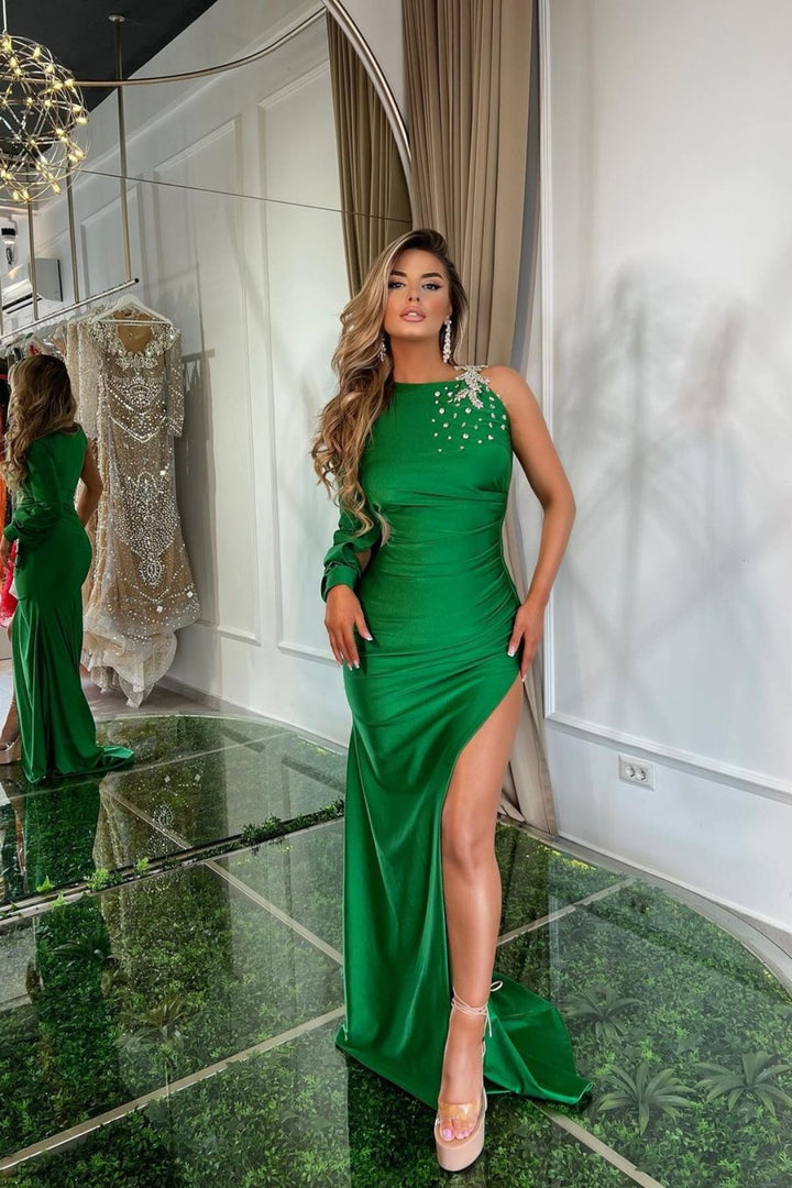 Green Satin Prom Dress with Slit One Shoulder One Sleeve Rhinestone Appliqué