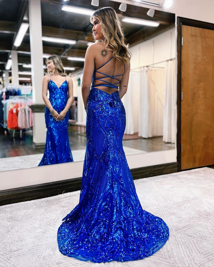 Backless V Neck Royal Blue Sequin Prom Dress