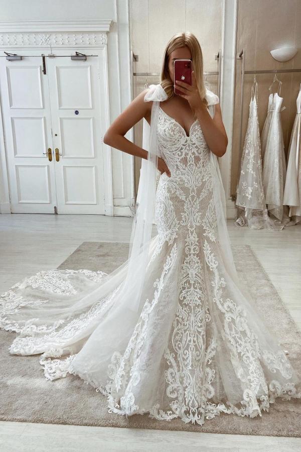 Bmbride Mermaid Lace Sweetheart Wedding Dress with Sweep Train