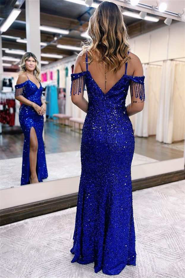 Royal Blue Evening Dress with Spaghetti Straps and Tassel Slit